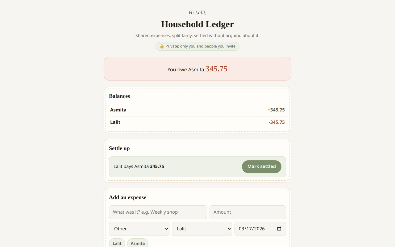 The Household Ledger app in use. A banner reads you owe Asmita 345.75. Below it a balances panel shows Asmita at plus 345.75 and Lalit at minus 345.75, then a settle up panel proposing one transfer, Lalit pays Asmita 345.75, with a Mark settled button, and beneath that the form for adding an expense.